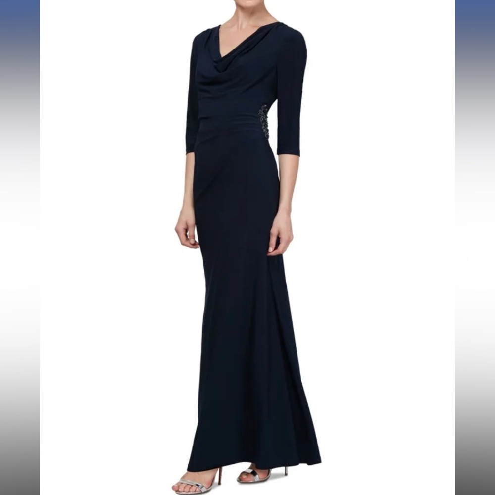 Women’s Formal Dress Size 10, 18 SLNY Navy Side Embellishment 3/4 Sleeves Sheath